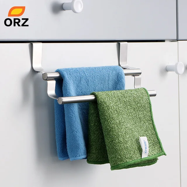 Cheap ORZ Kitchen Cabinet Towel Rack Stainless Steel Hook Type Towel Bar Holder Shelves Hanging Over Door Bathroom Storage Hanger 