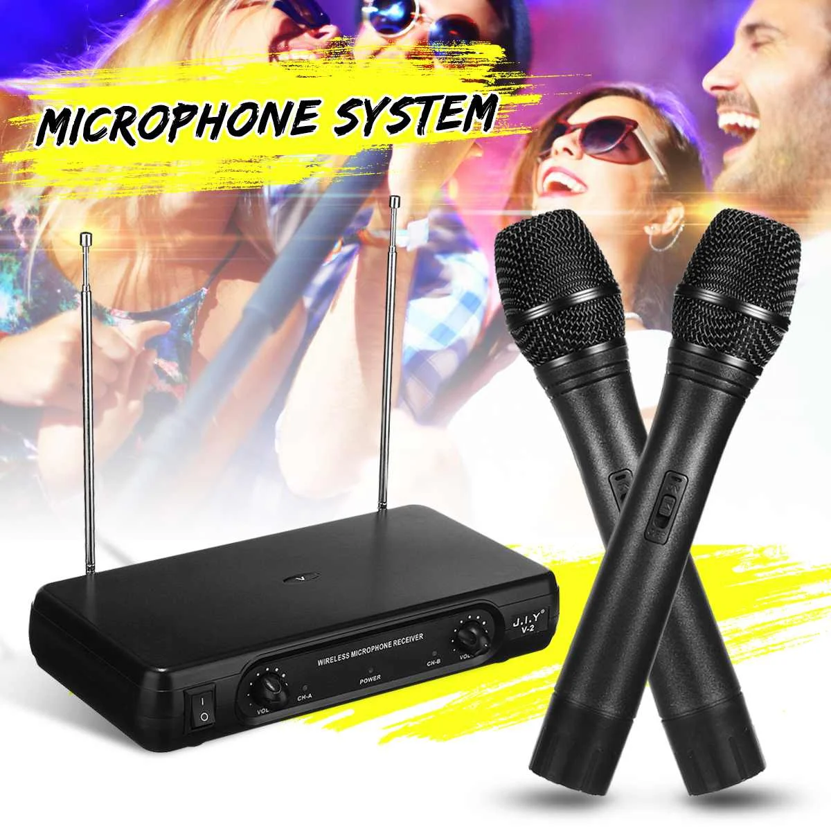 Dual Professional VHF Wireless Microphone System Cordless Handheld Mic Receiver Microphones Karaoke with 2 Microphones
