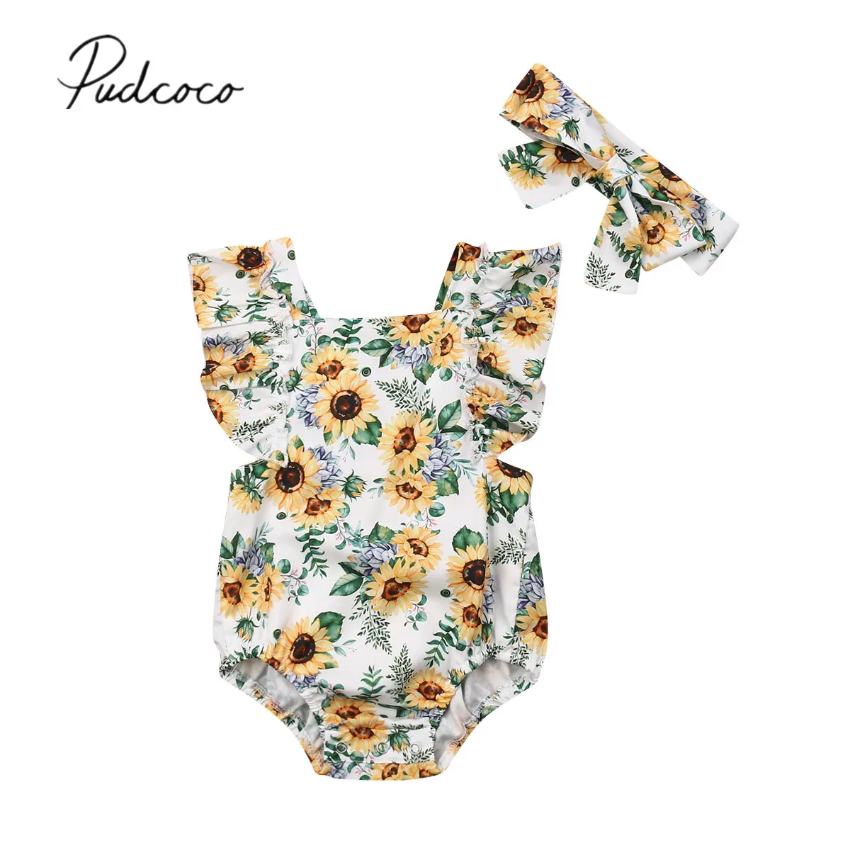 

2019 Baby Summer Clothing 0-24M Infant Baby Girls Sunflower Bodysuits Cotton Ruffles Sleeve Yellow Jumpsuit Headband Outfits