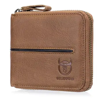 

BULLCAPTAIN Leisure Genuine Leather Men Wallets Credit Business Card Holders Zipper Cowhide Leather Wallet Purse