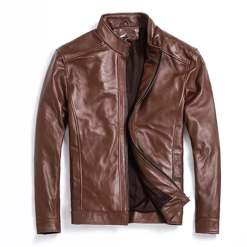 Mens Leather Jackets Stand Collar Classical Style High Quality Genuine Leather Coats Spring Autumn Casual Male Leather Clothing