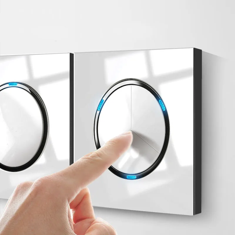 

86 type 1 2 3 4 gang 2 way White Mirror Glass Light pressure Wall Switch With LED lights household France German Socket Industry