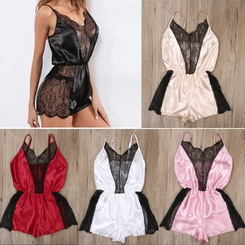 ثوب النوم للنساء الدانتيل ملابس النوم منامة الخامس الرقبة رومبير سيدة الحرير الساتان قميص مثير ملابس النوم حللا