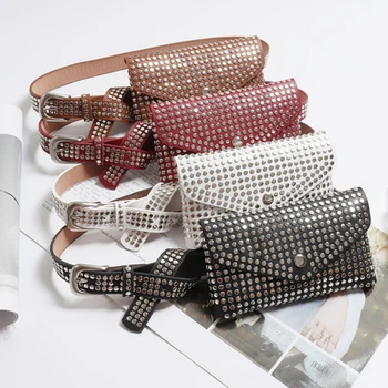 

Women Small Luxury Casual Waist Bag Fashion Rivets PU Leather Travel Phone Pouch Multi-use Fanny Pack Adjustable Belt Purse Gift