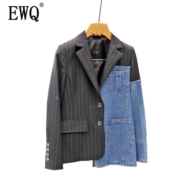 

[EWQ]2019 summer new Korean style Notched neck Patchwork Pockets loose Casual suit Ladies clothing trend women denim coat QH241