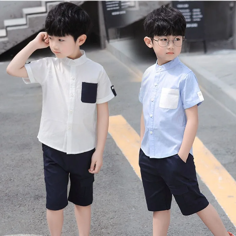 

Kids Teenage Clothes Boys 2019 Summer Sets 2 Pcs Pockets Patchwork Shirts Blouse & Knee Length Pants Children Outfits Clothing