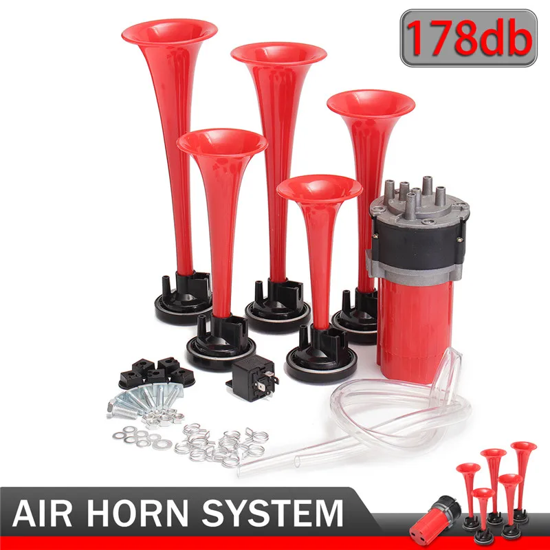  150dB 12V 5 Pcs Trumpet Car Air Horn Chrome Super Loud with Compressor for Car Boat Motorcycles Tru