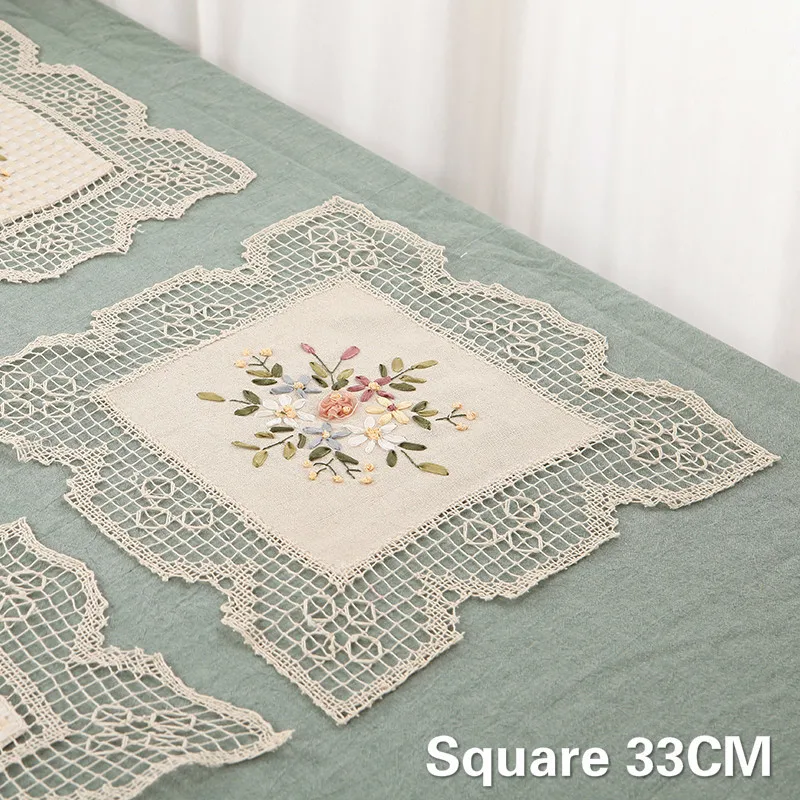 

Pastoral Cotton Linen Crochet Refrigerator Mat Insulation Pads Hollow Out Embroidery Flowers Table Coaster Placemat Home Kitchen