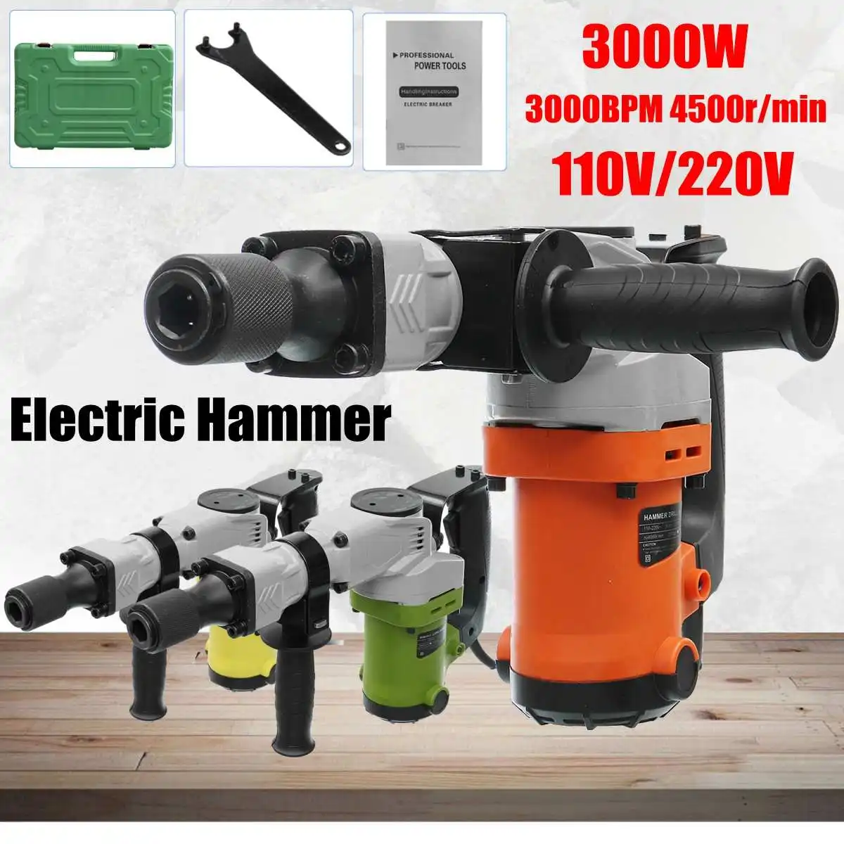 

220V 3000W 3000BPM 4500R/Min Electric Hammer Demolition Hammers Jackhammer Concrete Breaker With Case