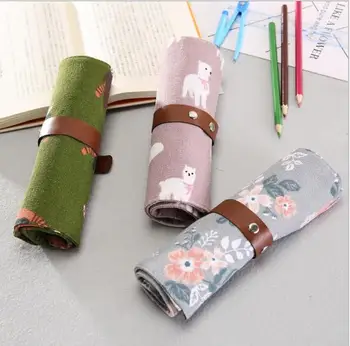 

3pcs Animal Flowers Canvas Roll UP pencil bag Stationery Storage Organizer Bag Pouch Kids School Office Supply