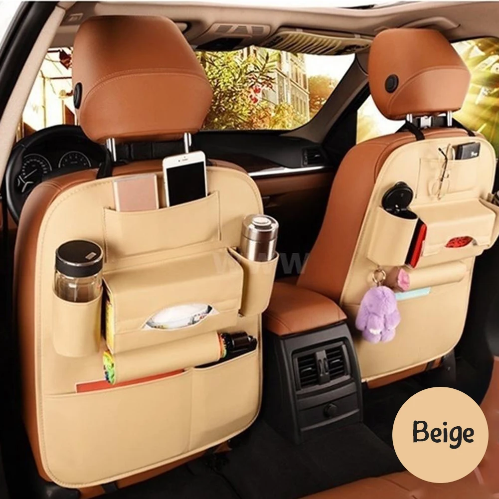 

Auto Seat Back Hanging Organizer Bag Universal Auto Multi-Pocket PU Leather Pad Cups Storage Holder Bag Foldable Shelf