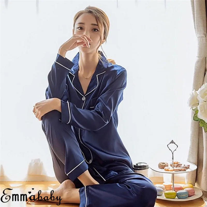 

2Pcs Womens Silk Satin Pajamas Set Autumn Long Sleeve Tops+Pants Sleepwear Nightwear Sleepwear roupa de noite das mulheres