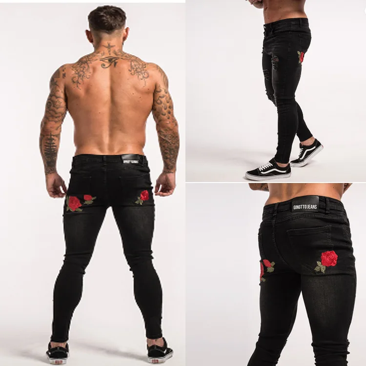 

Rose Embroidery Mens Jeans Skinny Denim Distressed Ripped Freyed Pencil Pants Slim Fit Stretch Black Trousers 2019 Streetwear