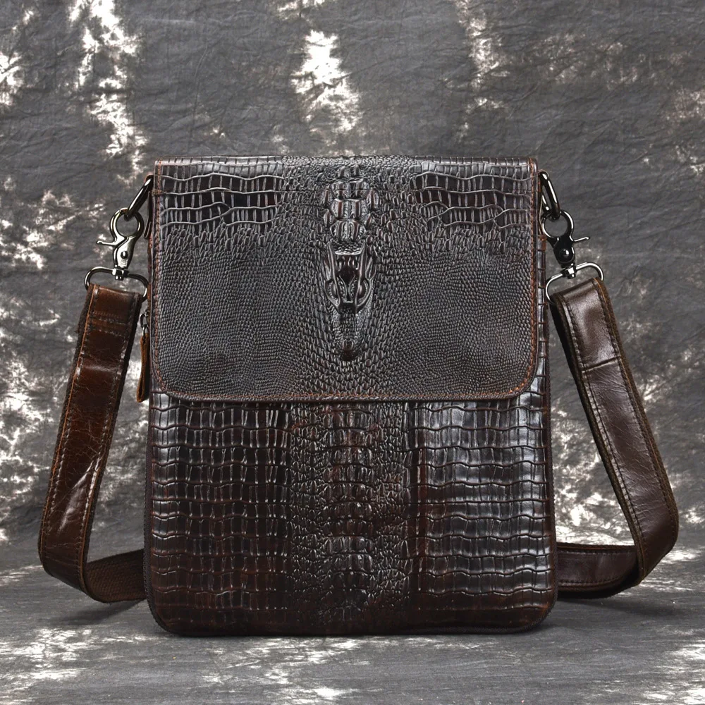 

Men Genuine Leather Business Cross Body Bag Briefcase Vintage Crocodile Pattern High Quality Sling Messenger Shoulder Bags