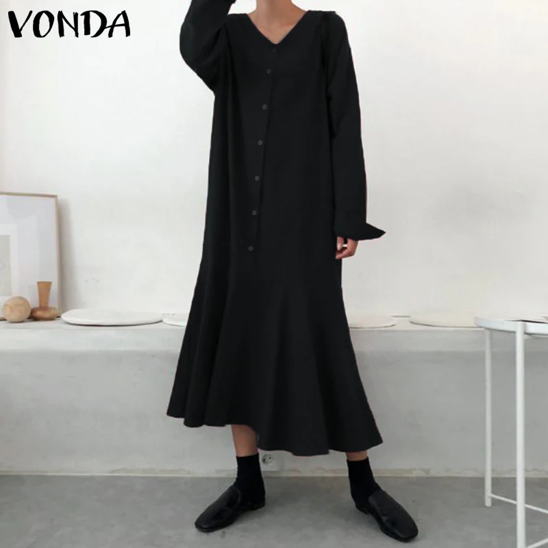 

Plus Size Women Dress 2019 Autumn Casual Loose V Neck Full Sleeve Button Hem Pleated Maxi Long Dresses Vintage Party Vestidos
