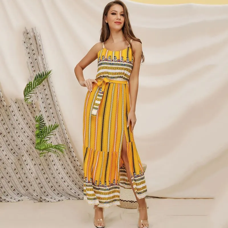 

Summer Beach Dress Women Boho Stripe Yellow Chic Holiday Sexy Backless Sundress Split Fashion Ethnic Print Elegant Maxi Dresses