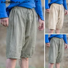Ретро Винтажные повседневные мужские шорты, свободные дышащие одноцветные трусы с завязками, мужские высотой до колена, шорты INCERUN