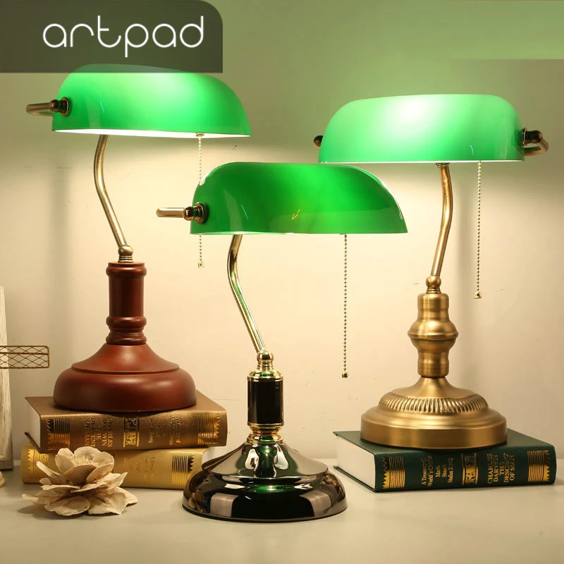Artpad Retro Old Vintage Green Glass Lampshade Bank Table Lamp 3 Color Base Iron Desk Light for Study Office Bedroom Living Room