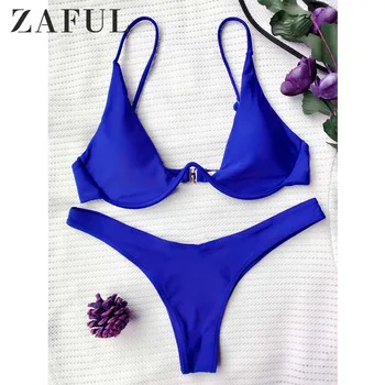 

ZAFUL Underwired Plunge Bathing Suit Spaghetti Straps Low Waisted Women Swim Sets Beach Vacation Solid Two Pieces Sets Underwire