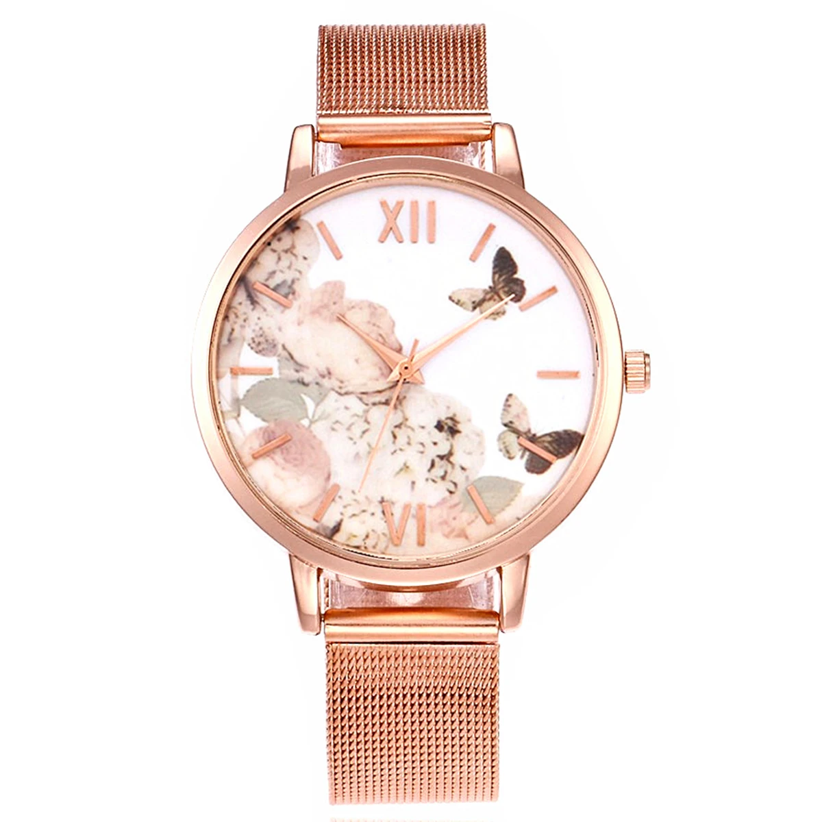 

Shellhard Casual Womens Gold Flower Mesh Watch 13 Styles Butterfly Flower Roman Numerals Analog Quartz Wrist Watch For Women