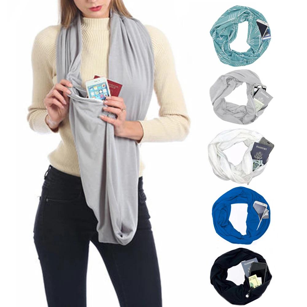 

Fashion Portable Women Scarf with Zipper Pocket Bag Storage Rack Pattern Infinity Scarf Convertible Travel Scarves