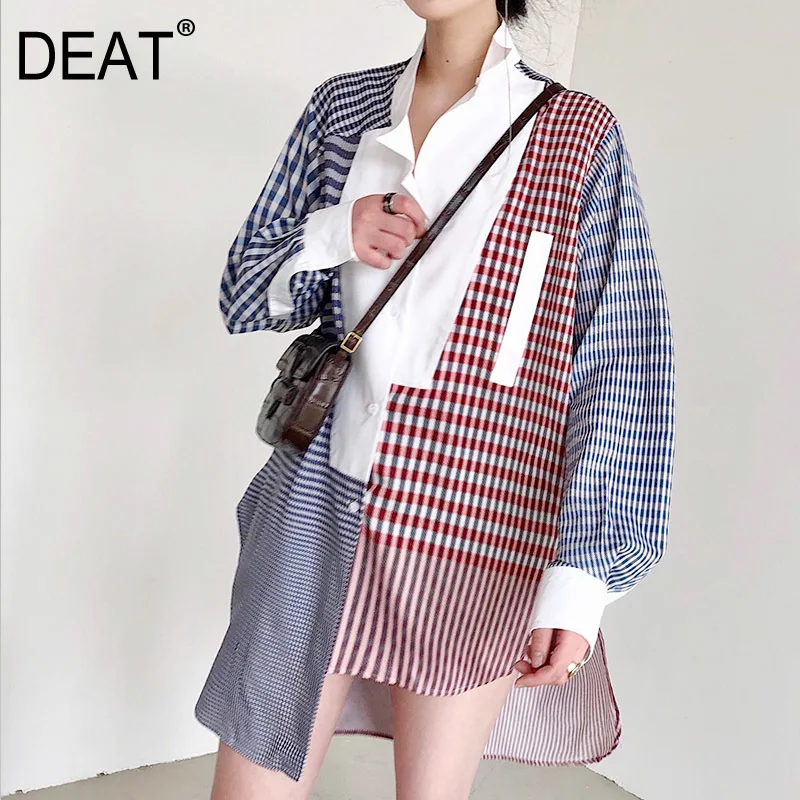 

[DEAT] 2019 New Spring Summer Lapel Neck Long Sleeve Plaid Spliced Single Breated Hit Colors Shirt Dress Women Fashion 10C411