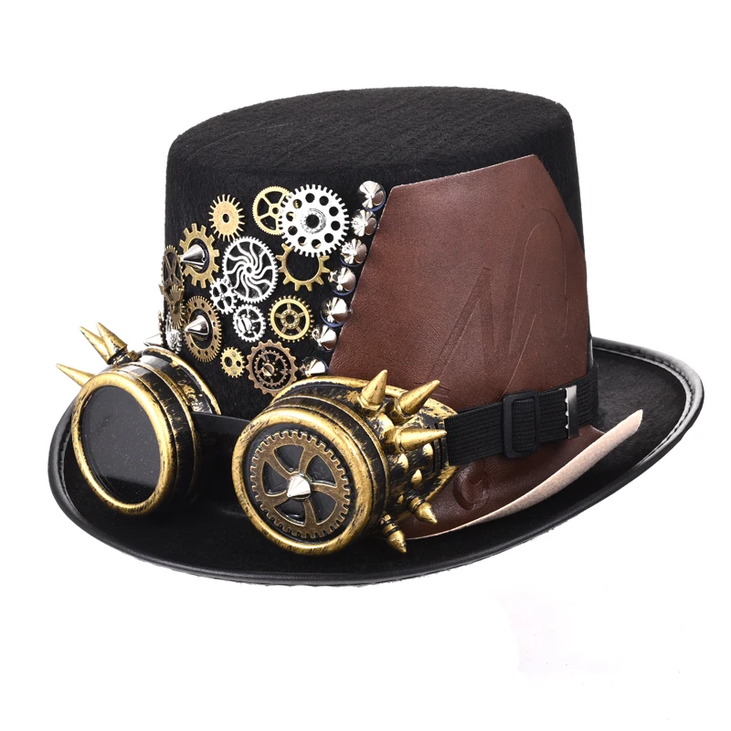 Skup Punk czarny Fedora Steampunk Gears kolce skórzane mężczyźni kobiety cylinder z Googles Gothic Party festiwal kapelusze akcesoria
