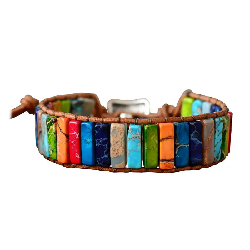 

Chakra Bracelet Jewelry Handmade Multi Color Natural Stone Tube Beads Leather Wrap Bracelet Couples Bracelets Creative Gifts