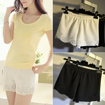 

Women Shorts Summer High Waist Hollow out Floral Solid Color Elastic Waist Ladies Casual Hot Shorts Femme