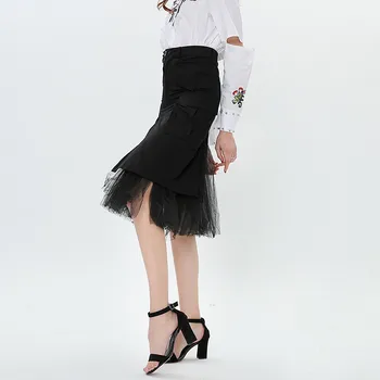 

Fashion 2019 New Women High Waist Mesh Patchwork Irregular Skirt Fashion Split Mid Sexy Skirt Solid A-Line Skirts