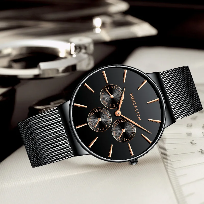 MEGALITH Fashion Sport Wrist Watches Mens Waterproof Black Steel Strap Mesh Date Calendar Untra Thin Design Quartz Watches Gents MEGALITH Fashion Sport Wrist Watches Mens Waterproof Black Steel Strap Mesh Date Calendar Untra Thin Design Quartz Watches Gents