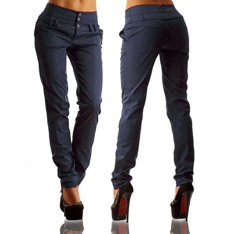 

Fashion Women Buttons High Waist Business Casual Long Pants Lady Pencil Trousers