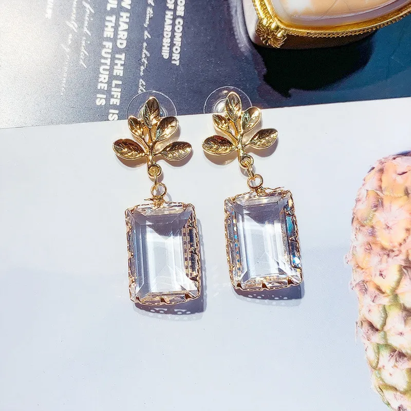

FYUAN Geometric Drop Earrings for Women Bijoux Gold Leaf Tectangle Clear Crystal Drop Earring Statement Earring Jewelry Gifts