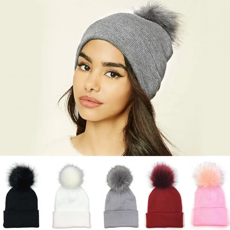 

Winter Women Beanies Hat Skullies woolen big fur pompon fluffy hats ponpon caps pompom female knitted hat girls black red #20