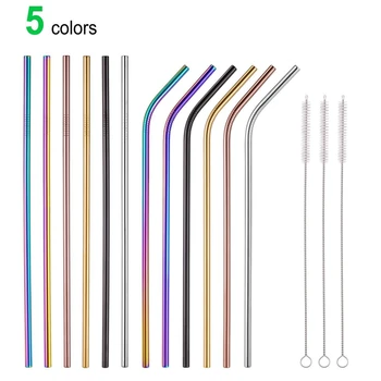 

MultiColor stainless steel straw set of 12 extra long 10.5inch reusable multi-colored rainbow straws (6 straight + 6 bends + 3
