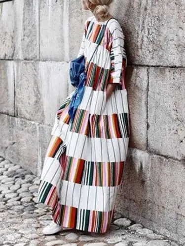 

2019 STock Holiday Women Long Sleeve Vintage Loose Patchwork Baggy Striped Long Boho Dress Ladies Beach Maxi Dress Casual Dress