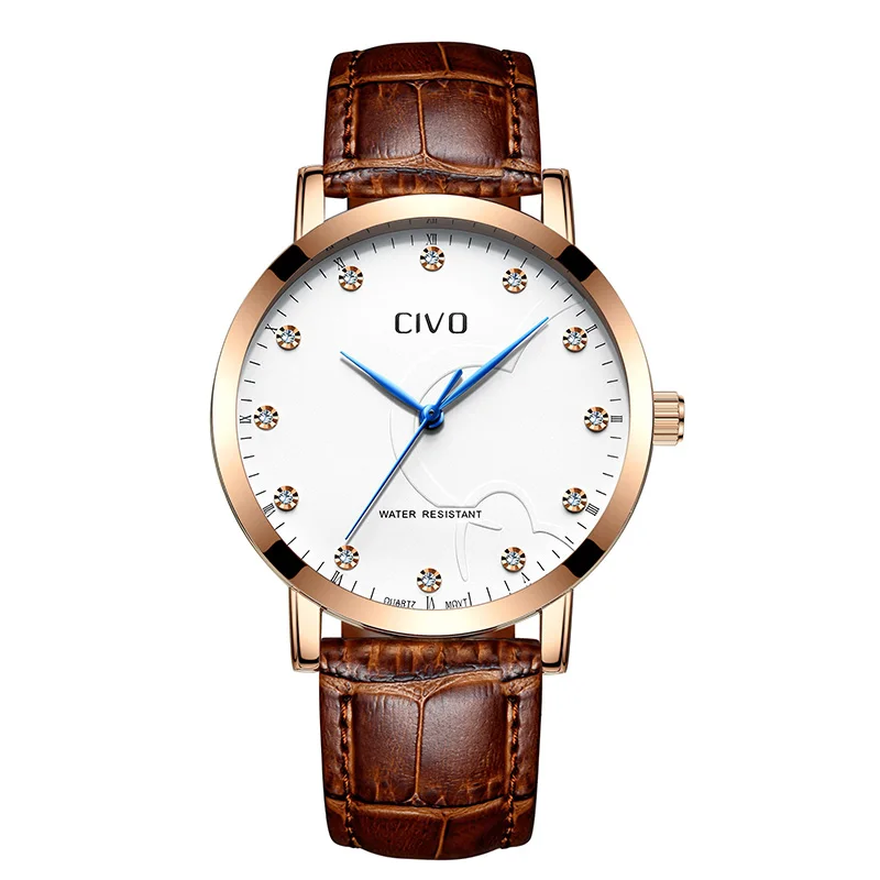

CIVO Top Brand Watches Men Women Waterproof Analogue Date Wristwatch Simple Design Brown Genuine Leather Quartz Wrist Watch Men