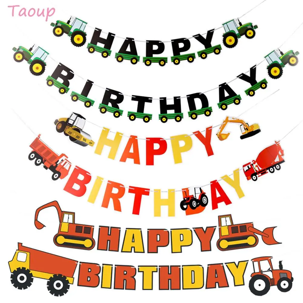 

Taoup 1pc Paper Happy Birthday Truck Banners Fabric Fire truck Excavator Flags and Banners Birthday Party Gifts for Boys Supplie