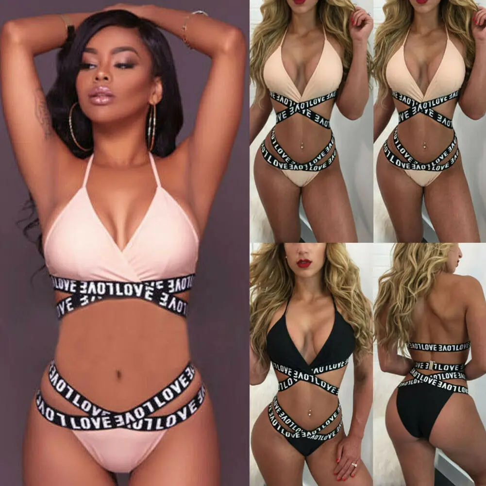 

2019 Newest Hot Bikinis Set Women Bandage Bikini Set Push-up Padded Bra Swimsuit Love Letter Swimwear Bathing Suit