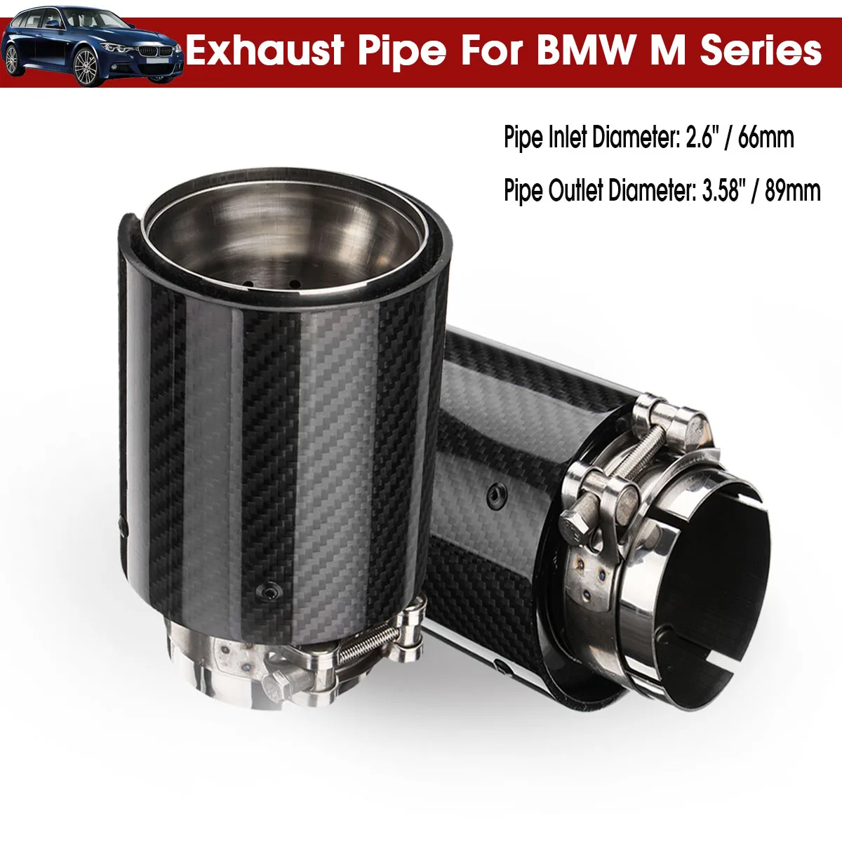 

66-89mm Universal Car Glossy Carbon Fiber Rear Exhaust Muffler Pipes For BMW M Series Stainless Steel Exhaust Pipe 165mm