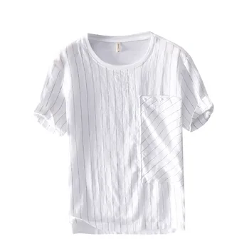 

#4757 Summer 2019 Short Sleeve T Shirt Men With Big Pockets Vertical Striped Casual Vintage T Shirt Male Loose Cotton Linen Tops