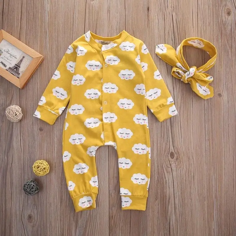 Одежда для новорожденных и маленьких девочек от 0 до 3 месяцев, всего 70, облачный комбинезон с рисунком+ повязка на голову, комплект одежды желтого цвета