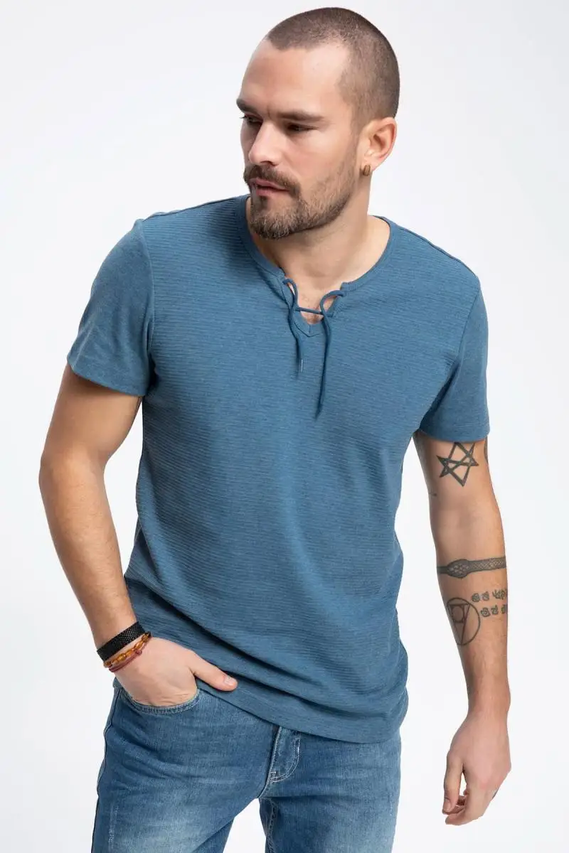 Дефакто мужская полосатая шнуровка detaymi воротник Slim Fit с коротким рукавом