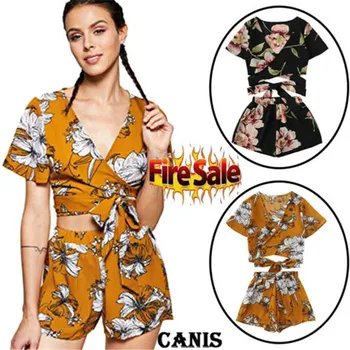 

New Casual Women V Neck Short Sleeve Floral Print Short Pants Set Summer Short UK