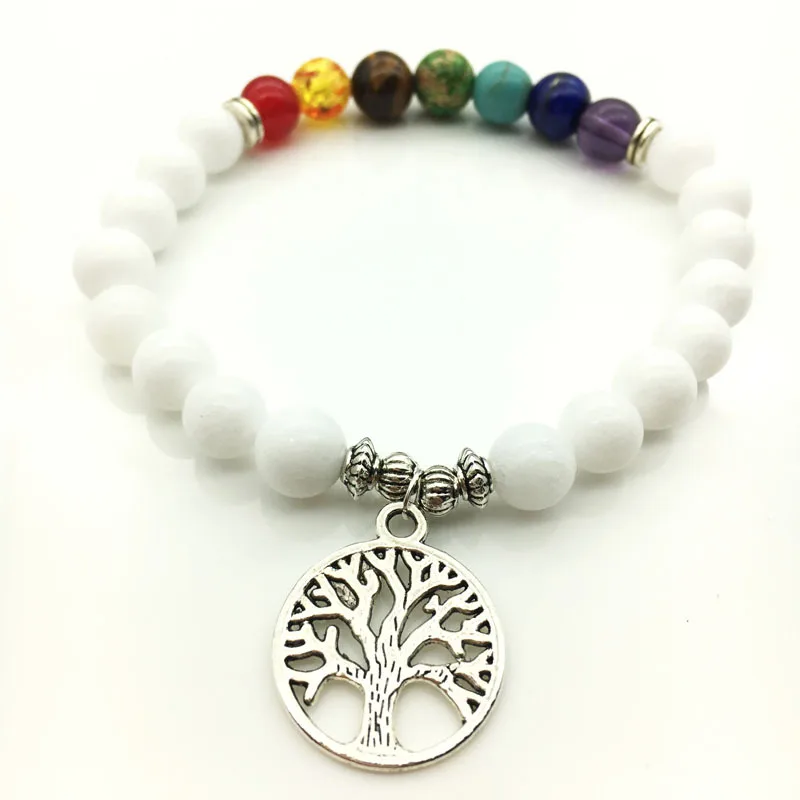 

Tree of Life Charms Seven Chakras Stone Beads Bracelet Black White Stone Rainbow Beads Stretch Yoga Strand Jewelry