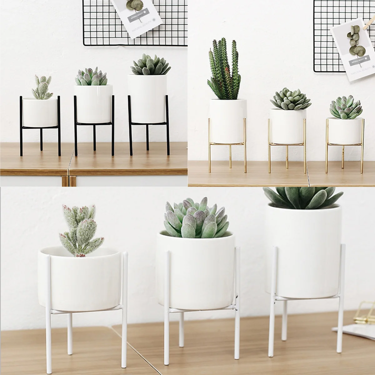 

Ceramic Flower Pot Succulent Flowerpot Plant Pot + Metal Stand Iron Shelf Rack Holder Home Office Garden Wedding Decoration