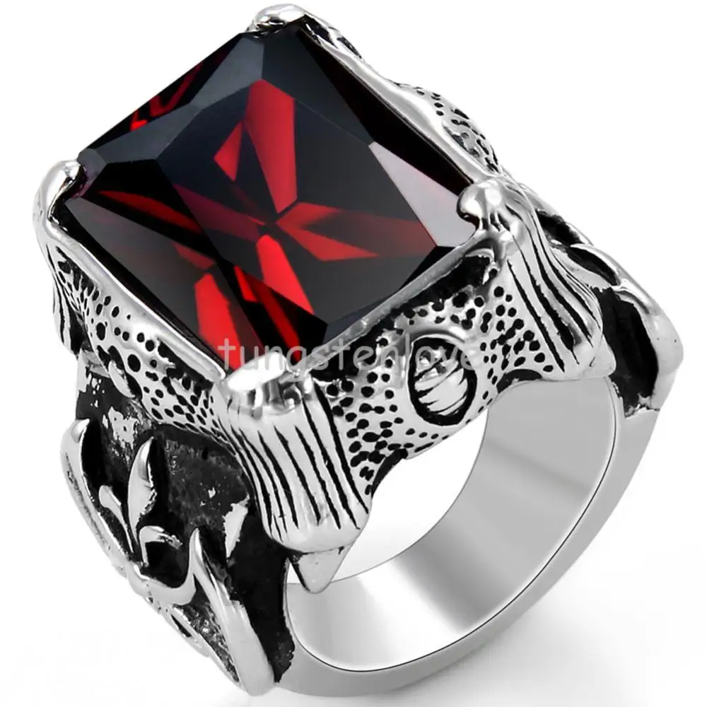 TTstyle 316L Stainless Steel Dragon Claw With Black Faceted Square CZ Ring 