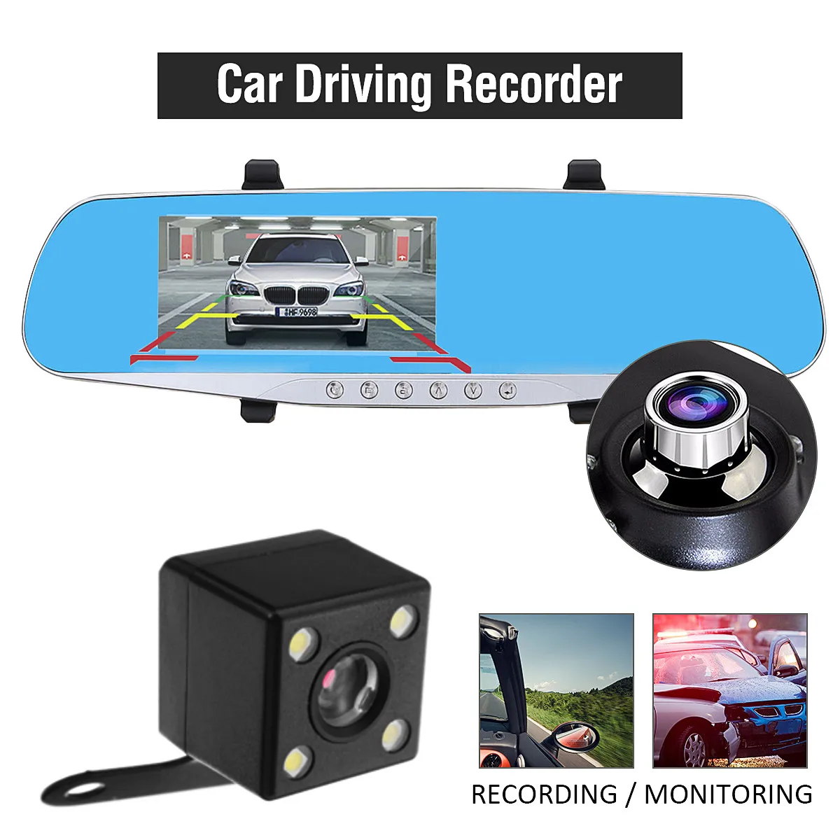 Dash Cam 4.3 inch Car DVR HD 1080x720P Dual Lens Video Recorder Parking Monitor Rear View Mirror Camera Auto Camcorder