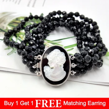 

LiiJi Unique Natural Black Onyx 6mm Faceted Beads 3strand Carved Shell Beauty Girl Box Clasp Fashion Necklace 18''