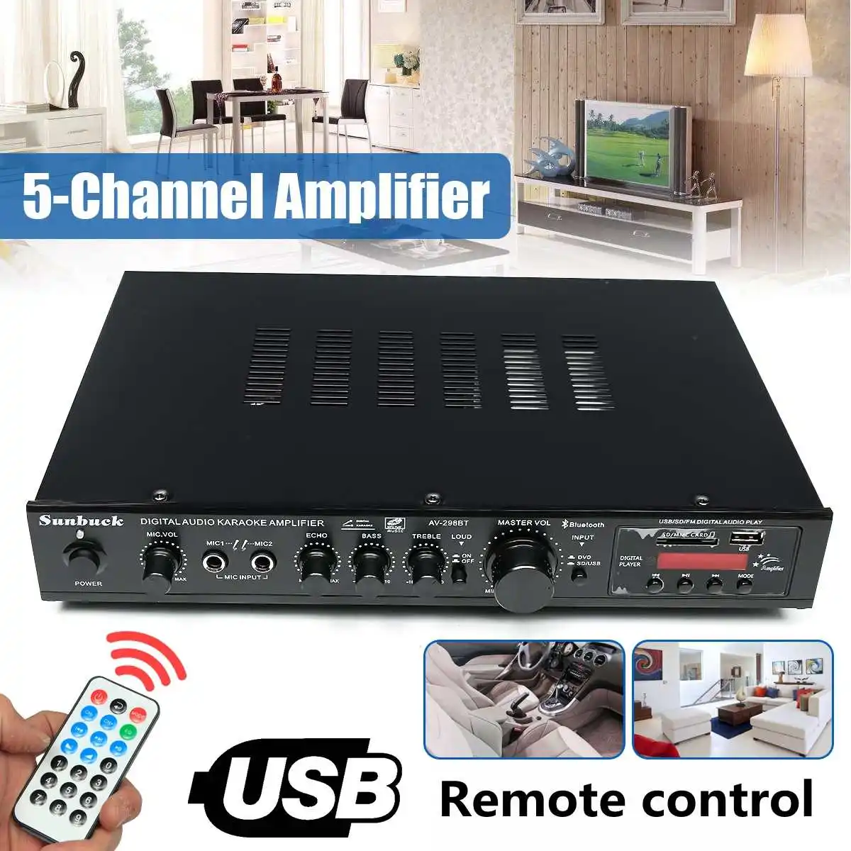 

298B bluetooth 2.0 Channel 2000W 5 Channel Audio Power Amplifier 220V AV Amp Speaker with Remote Control Support FM USB SD Cards